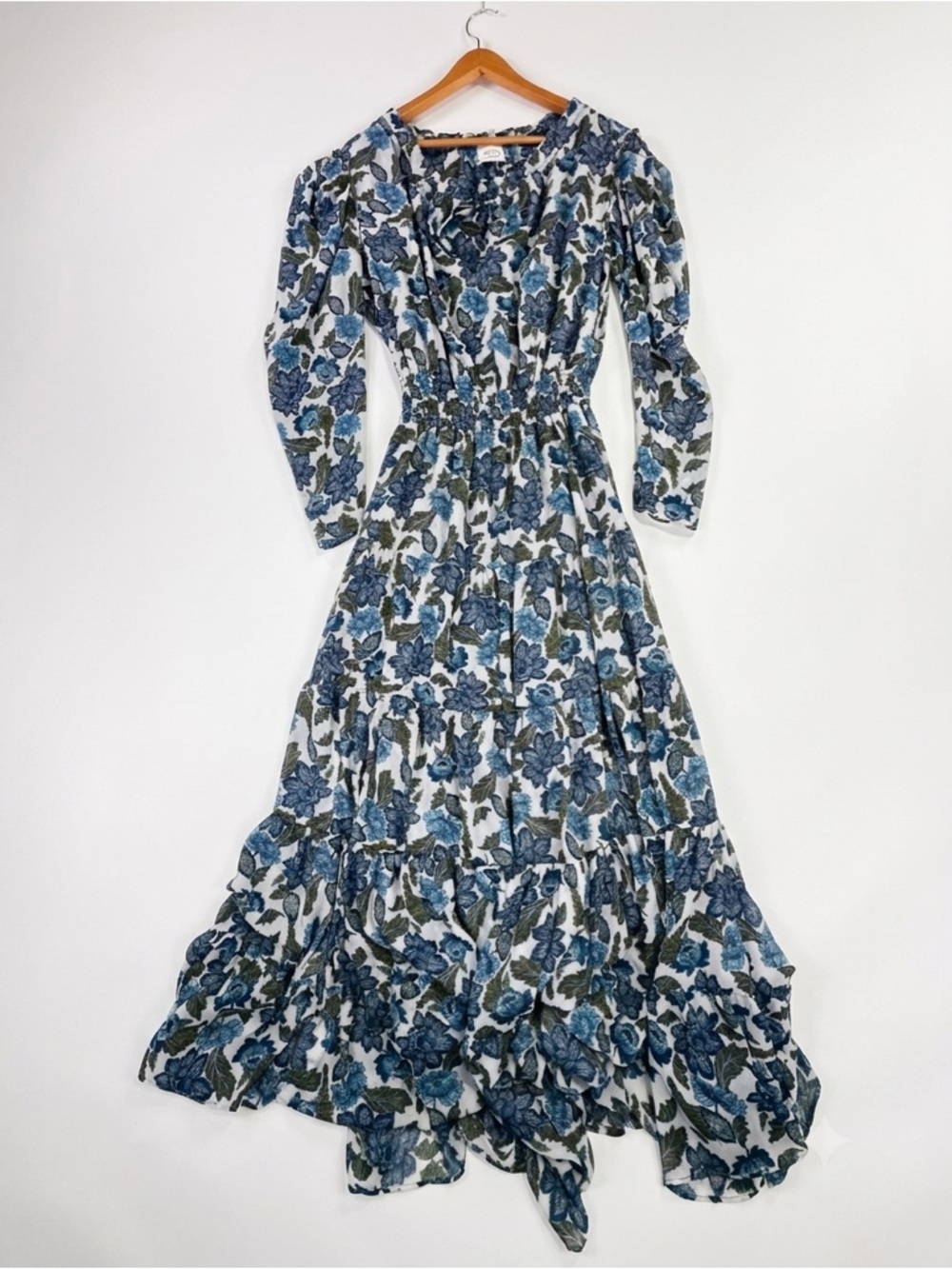 MISA Los Angeles Vida Maxi Dress Smocked Floral Lurex Blue Green L - Picture 2 of 16